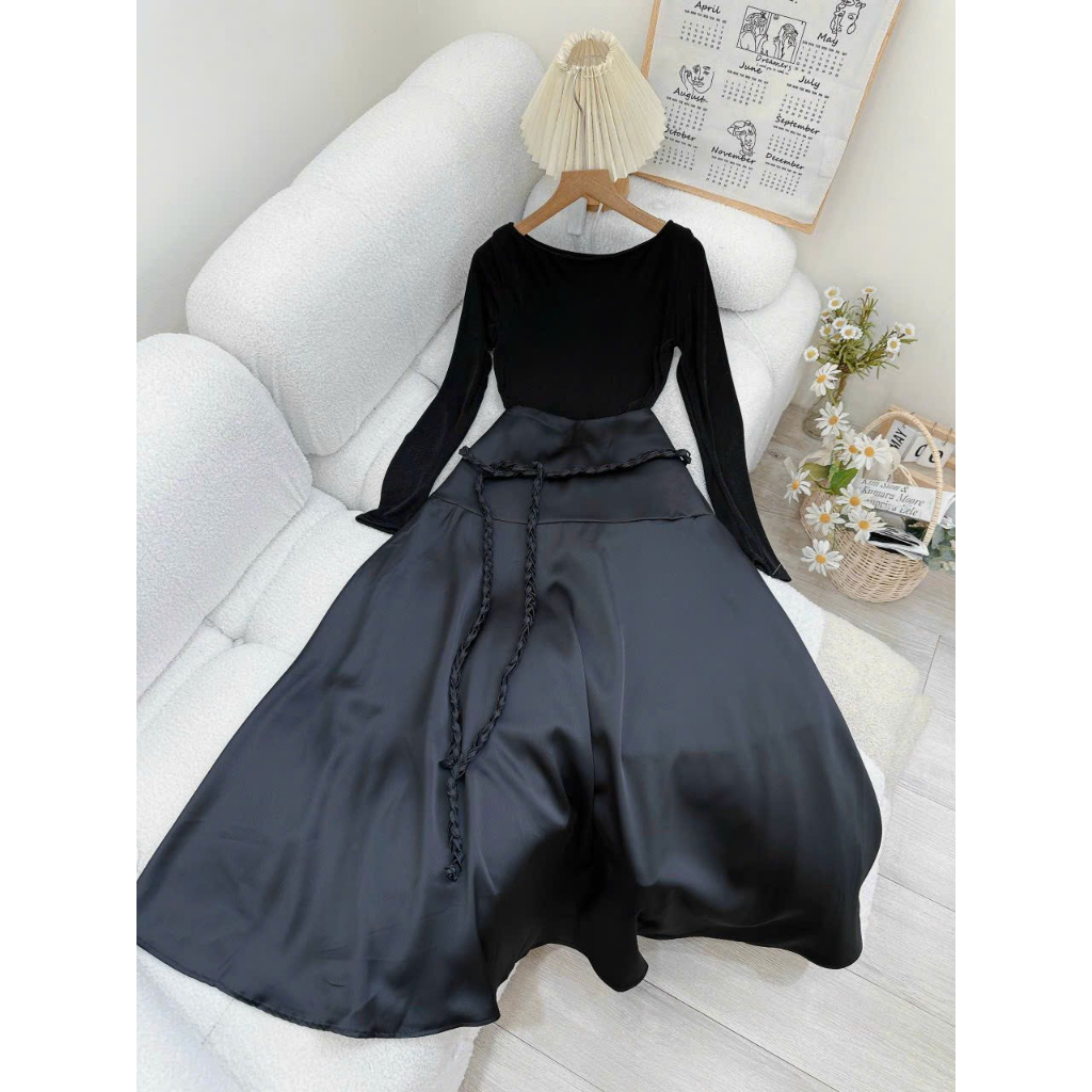Set áo thun dài tay mix chân váy xòe dài bồng bềnh kèm dây tết dài