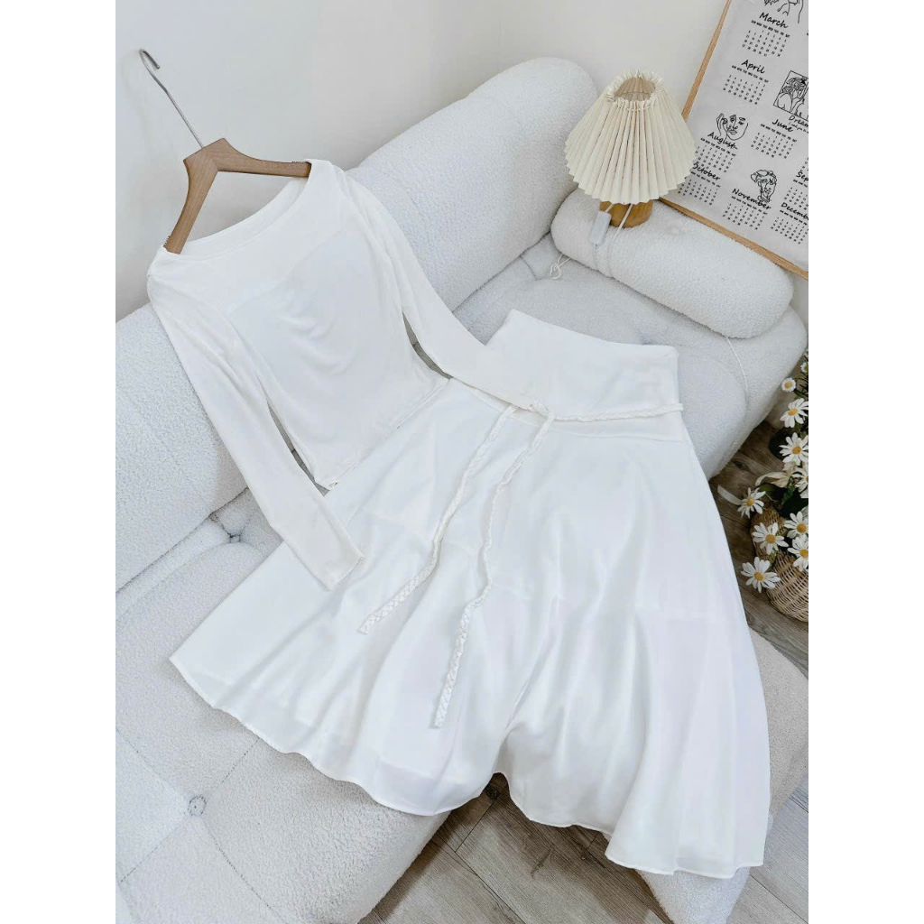 Set áo thun dài tay mix chân váy xòe dài bồng bềnh kèm dây tết dài