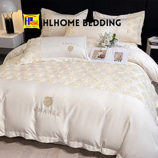 Bộ chăn ga lụa silk thêu hoa Hồng 4 món HLHOME bedding sang trọng