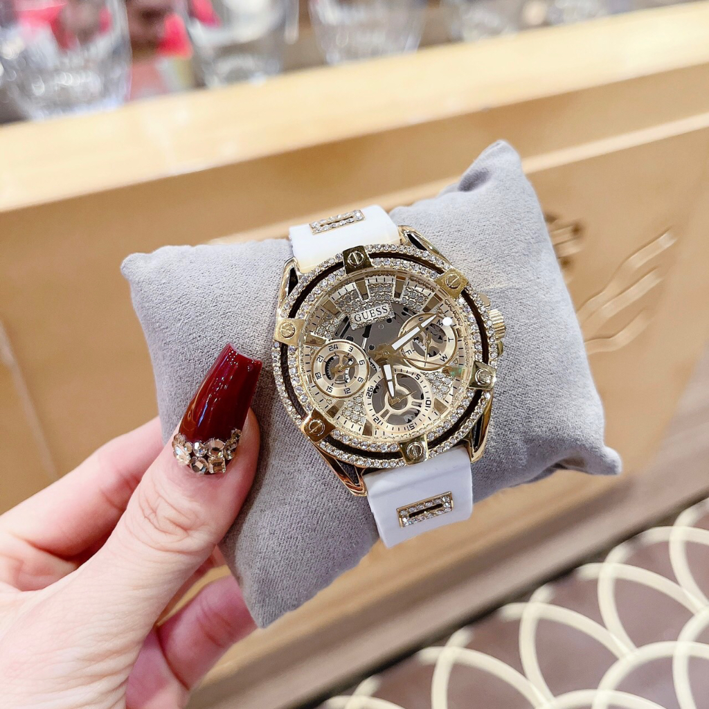Đồng hồ nữ Guess GW0536L2 Gold Tone Case White Silicone Watch 40mm, Authentic, Full box, Luxury Diamond Watch