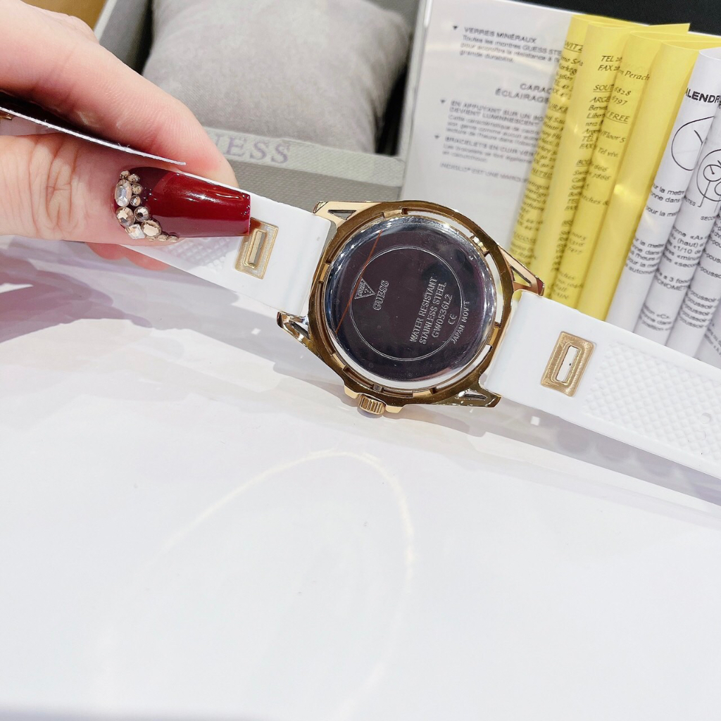 Đồng hồ nữ Guess GW0536L2 Gold Tone Case White Silicone Watch 40mm, Authentic, Full box, Luxury Diamond Watch