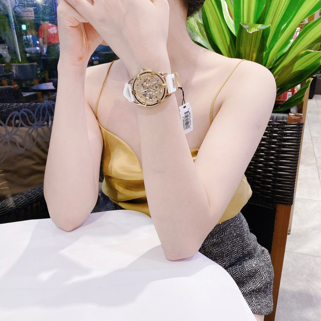 Đồng hồ nữ Guess GW0536L2 Gold Tone Case White Silicone Watch 40mm, Authentic, Full box, Luxury Diamond Watch