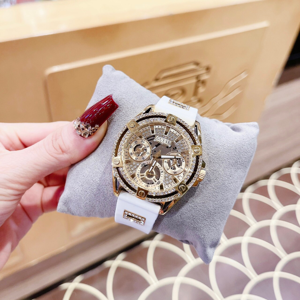 Đồng hồ nữ Guess GW0536L2 Gold Tone Case White Silicone Watch 40mm, Authentic, Full box, Luxury Diamond Watch