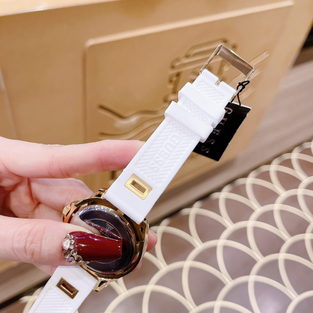 Đồng hồ nữ Guess GW0536L2 Gold Tone Case White Silicone Watch 40mm, Authentic, Full box, Luxury Diamond Watch