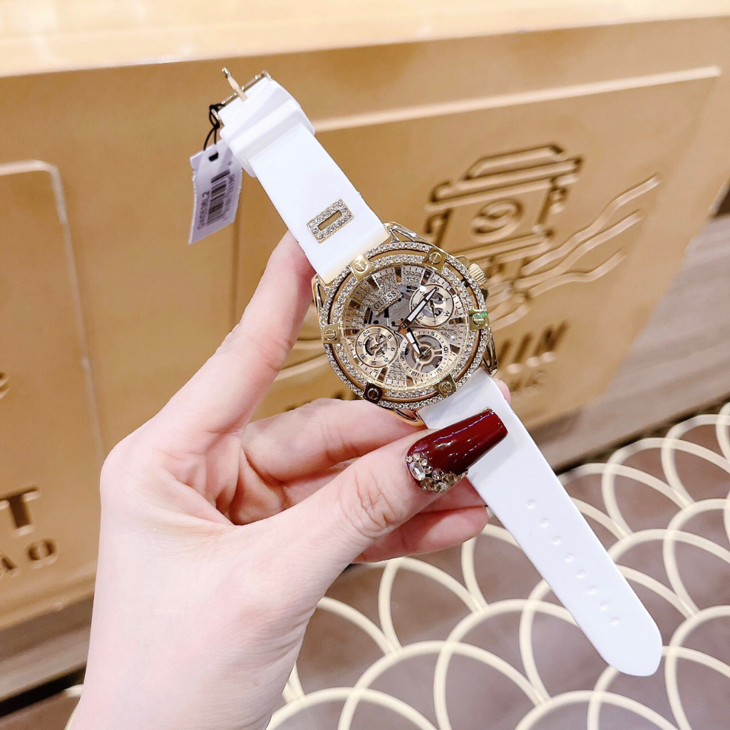 Đồng hồ nữ Guess GW0536L2 Gold Tone Case White Silicone Watch 40mm, Authentic, Full box, Luxury Diamond Watch