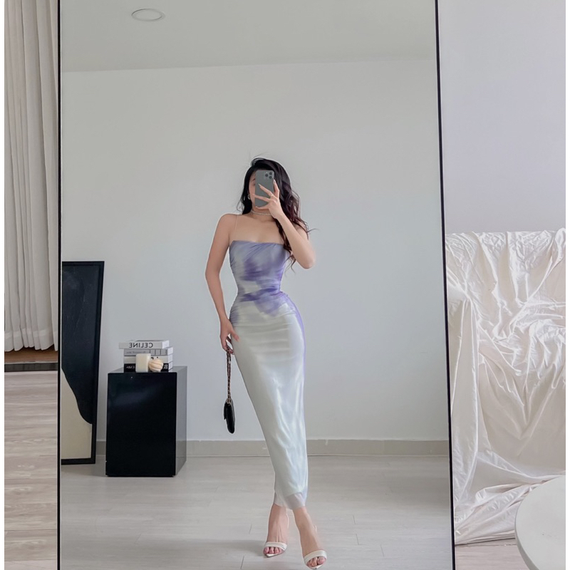 Đầm ôm body hai dây nhún lưới eo