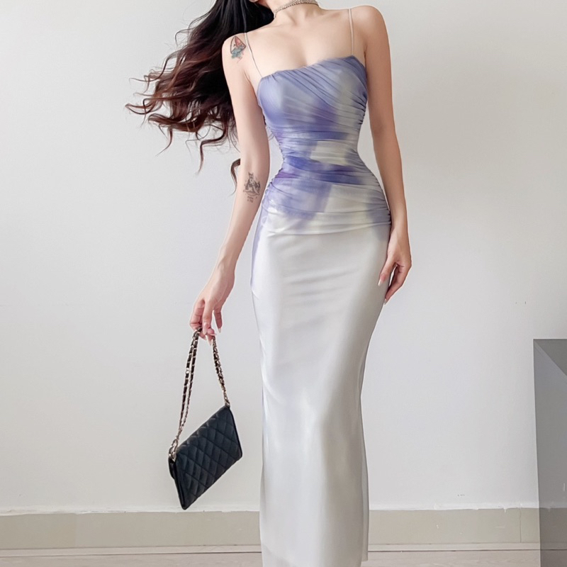 Đầm ôm body hai dây nhún lưới eo