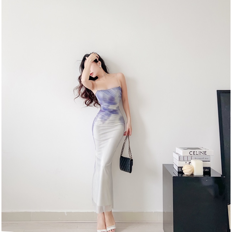 Đầm ôm body hai dây nhún lưới eo