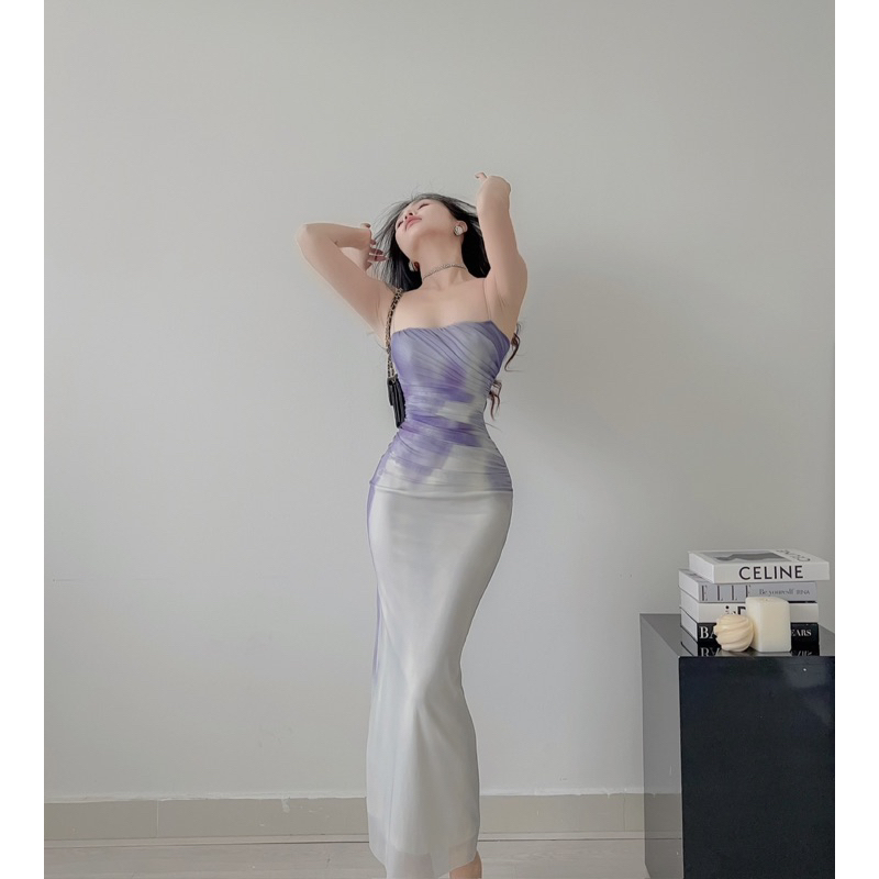 Đầm ôm body hai dây nhún lưới eo