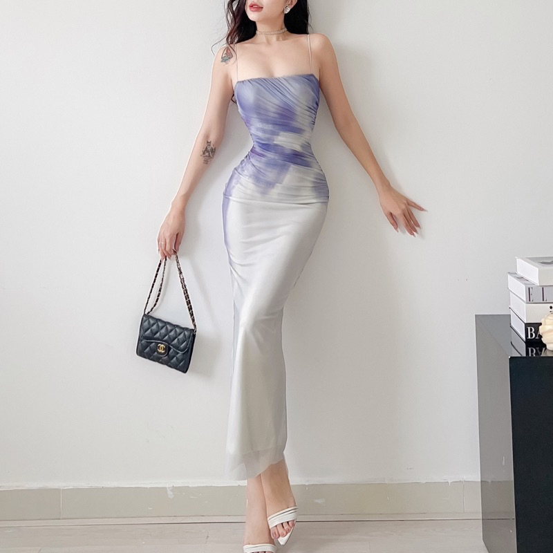 Đầm ôm body hai dây nhún lưới eo