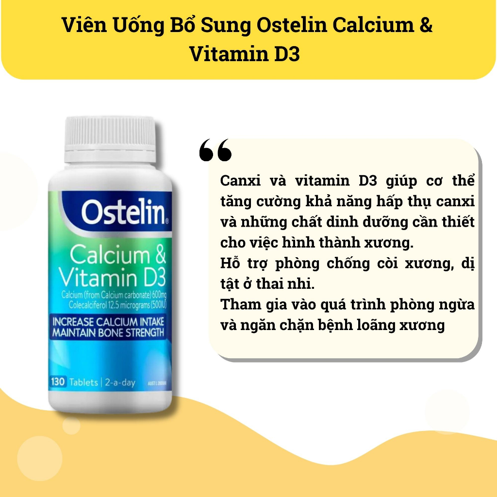 Viên Uống Bổ Sung Canxi Và Vitamin D3 Ostelin Cho Mẹ Bầu và Người Lớn Ostelin Calcium & Vitamin D3_130 Vi