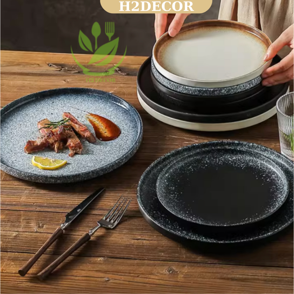 Đĩa sứ,đĩa gốm  tròn phẳng có gờ hoạ tiết vân nhám tráng men cao cấp phong cách Nhật- H2decor