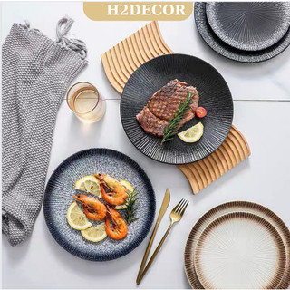 Đĩa sứ, đĩa gốm tròn vân nhám tráng men cao cấp phong cách Nhật- H2decor