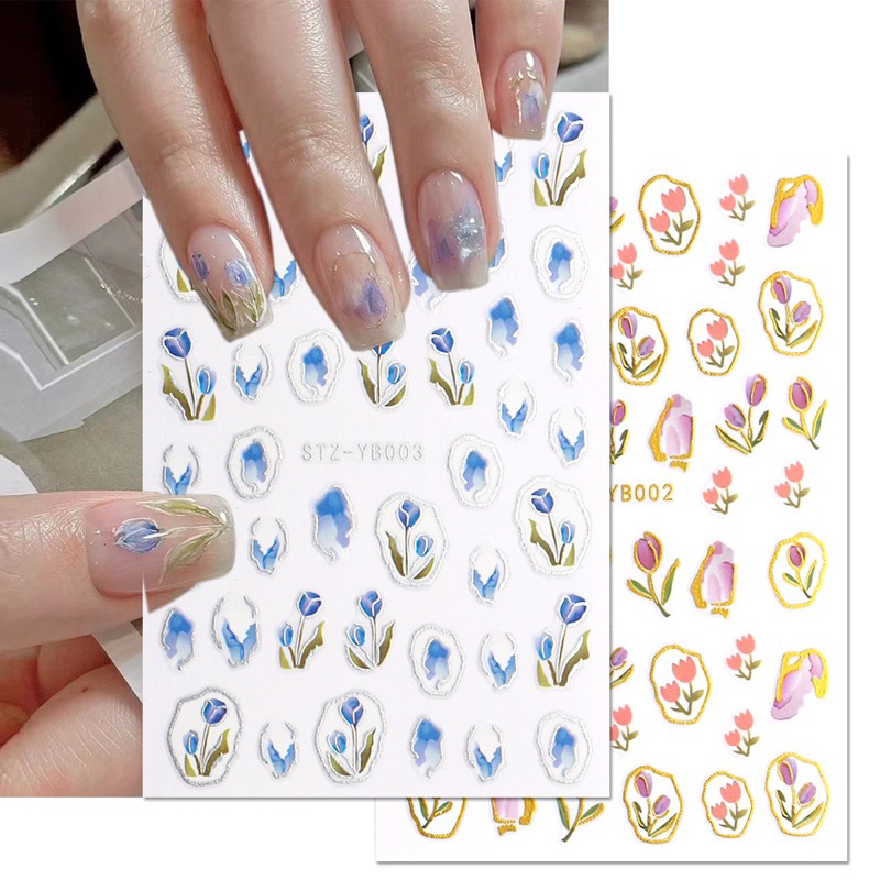 Sticker dán móng tay nail hoa tulip có vẽ viền metal siêu xinh
