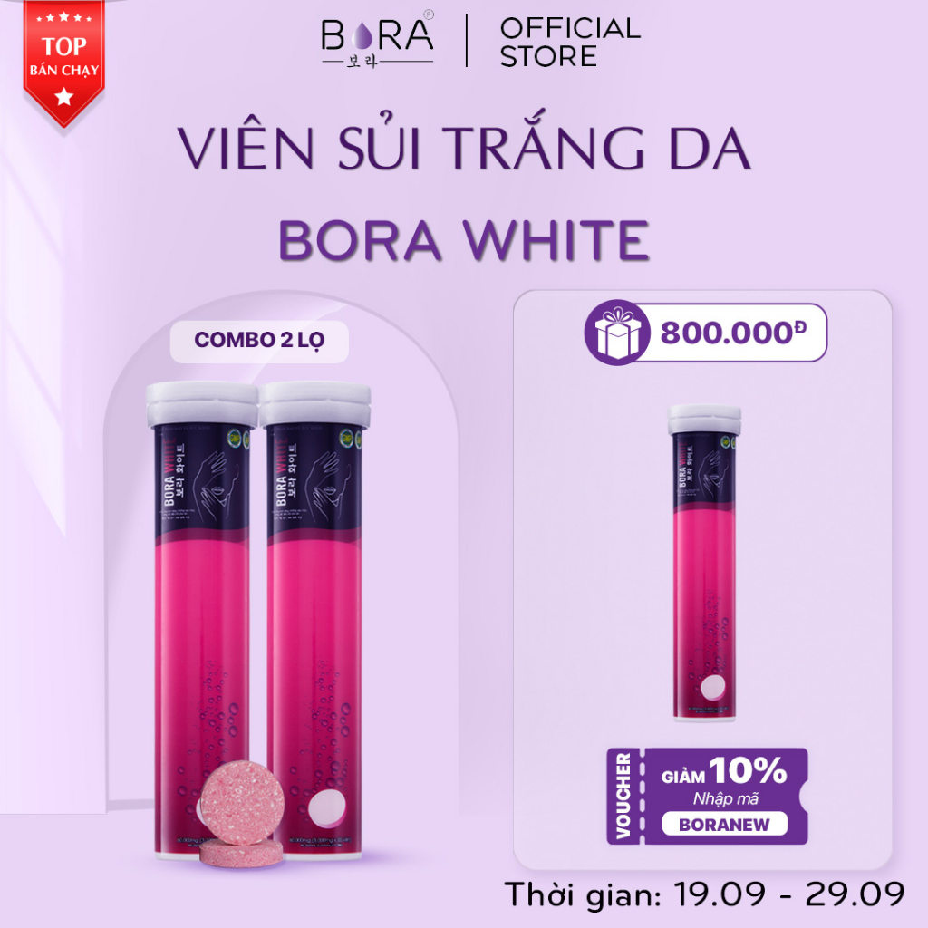 Viên Sủi Trắng Da Mờ Nám BORA WHITE Công Nghệ Hàn Quốc Lọ 20 viên