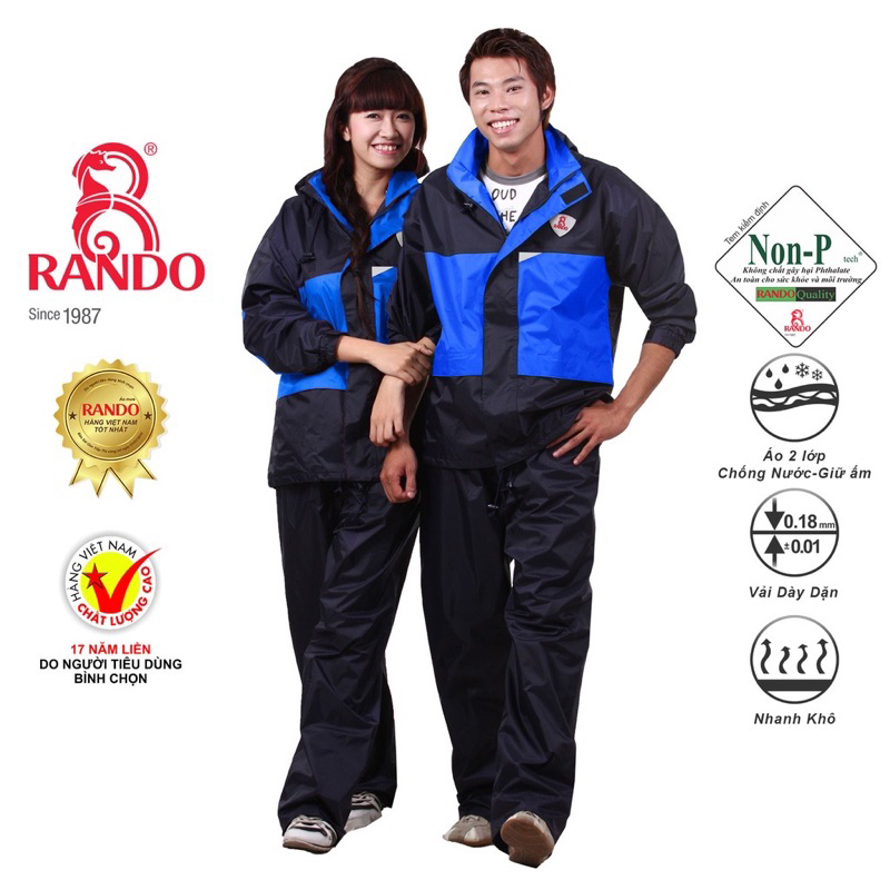 Áo Mưa Bộ Vải Dù 2 Lớp RANDO chính hãng —Đi Mưa Giữ Ấm, GIÁ SỈ,Nhanh Khô, Bền Bỉ Không Thấm Nước, Cho Nam Nữ