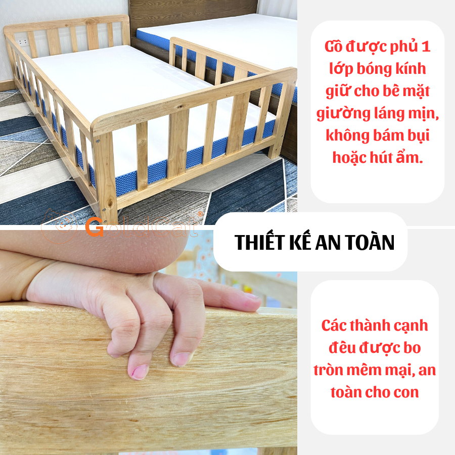 Giường trẻ em GoldKids kèm đệm quây cao cấp, có thanh chắn giường GoldCat cho trẻ từ 3-15 tuổi