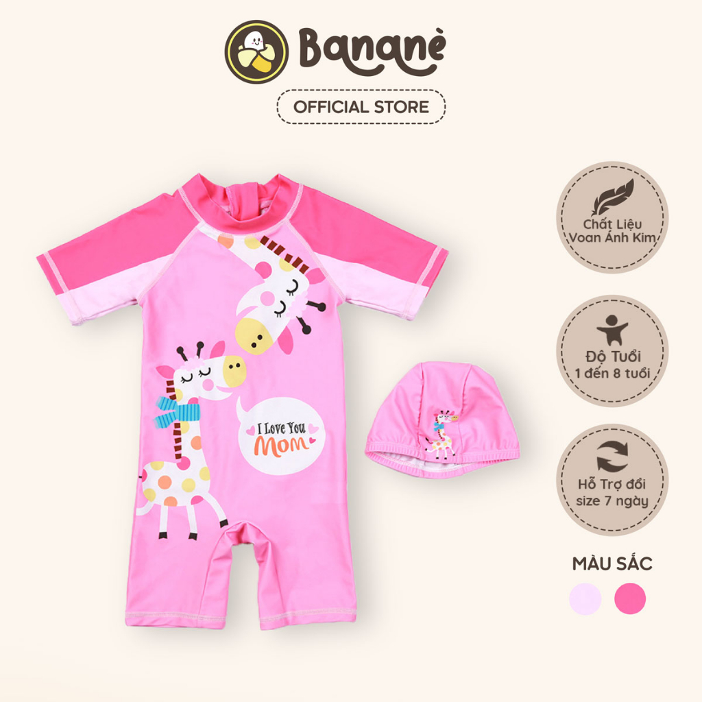 Bộ đồ bơi liền mảnh ngắn tay bé gái Bananè Kids họa tiết hươu cao cổ xinh xắn kèm nón bơi cao cấp - A02H