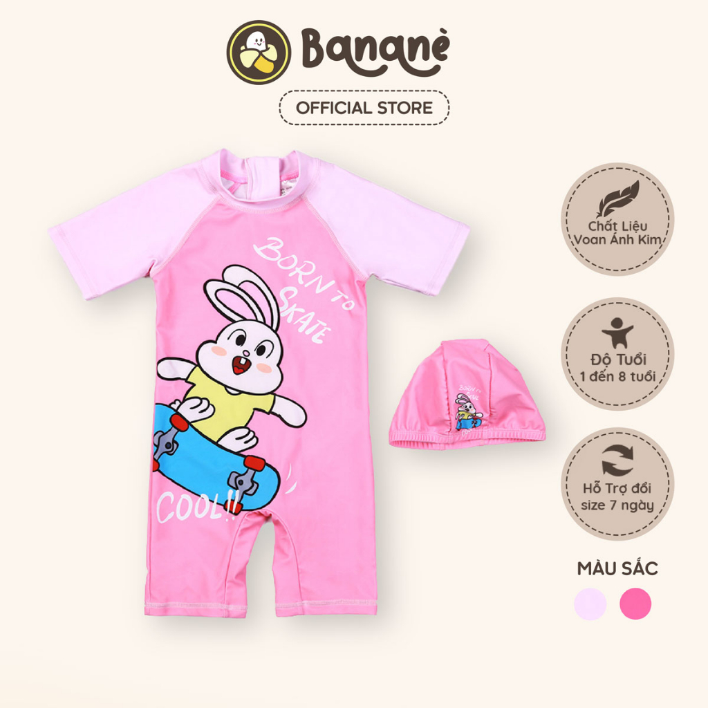 Bộ bơi liền thân ngắn tay bé gái Bananè Kids họa tiết thỏ xinh xắn kèm nón bơi cao cấp - A03H