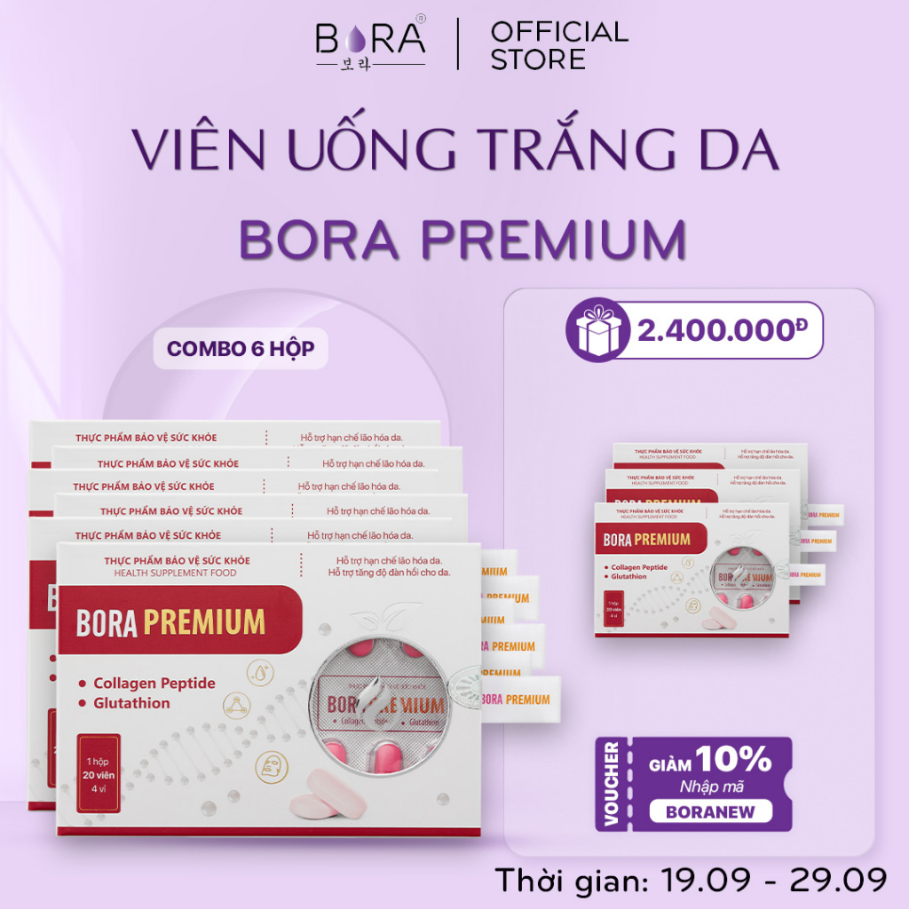 COMBO 3 Viên Uống Trắng Da Cao Cấp BORA PREMIUM Giúp Trẻ Hóa Sáng Mịn Làn Da Hộp 20 viên