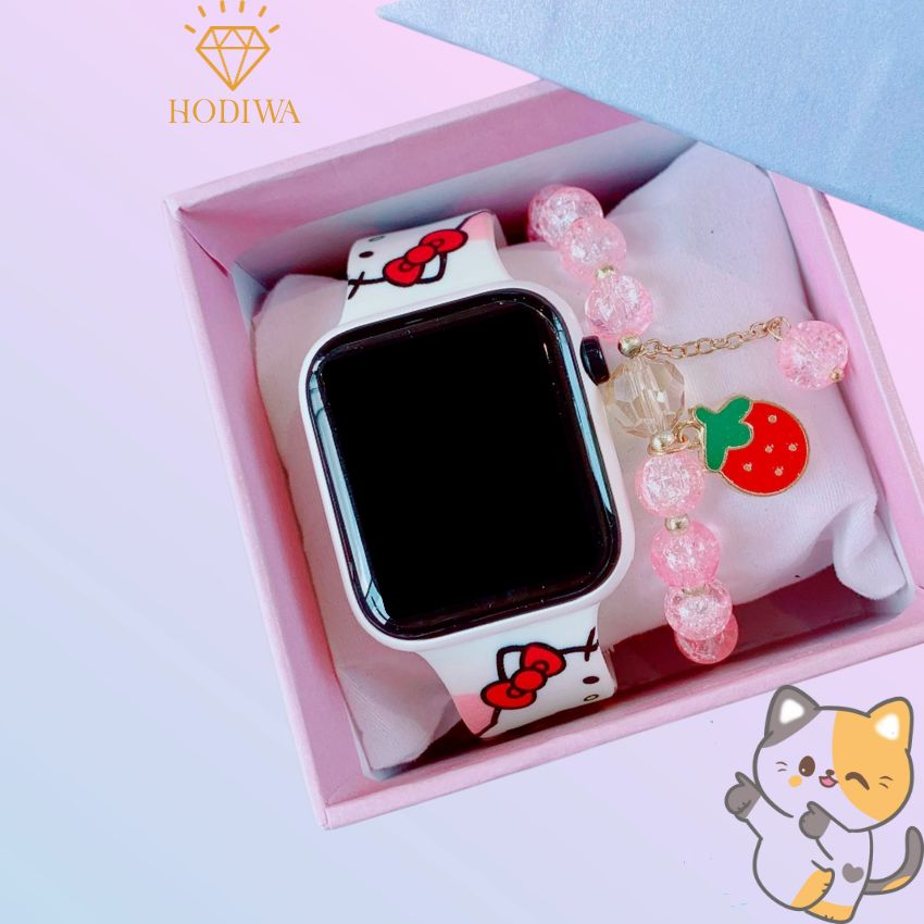 Đồng hồ điện tử led HODIWA đeo tay trẻ em mèo kitty,cầu vồng -M4