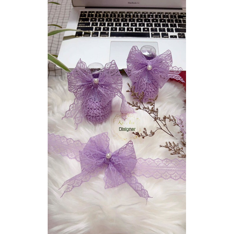 Sét giày len kèm nơ- giày sơ sinh- giày len handmade  cho bé tập đi, chụp hình