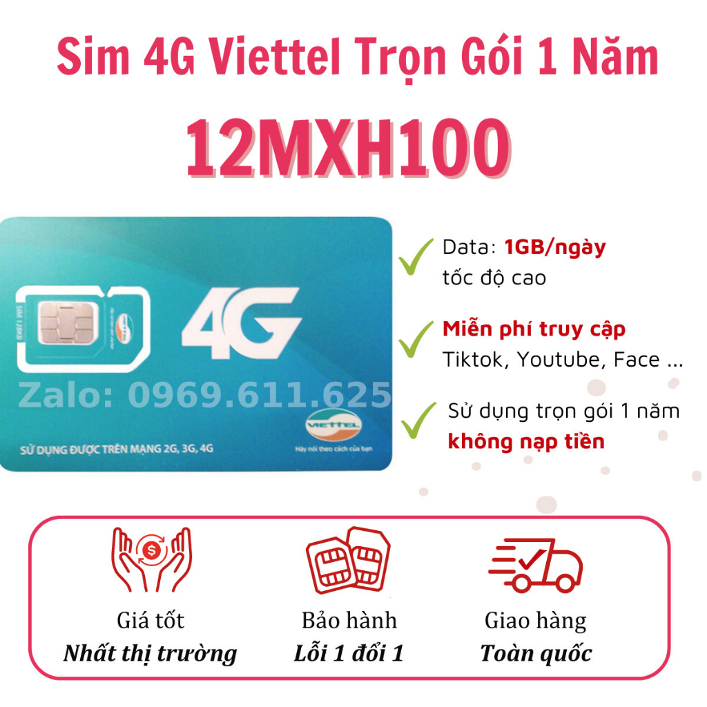 SIM 4G VIETTEL TRỌN GÓI MIỄN PHÍ 1 NĂM TRUY CẬP INTERNET TỐC ĐỘ CAO- SIM 12UMAX90 12MXH100 12V90B