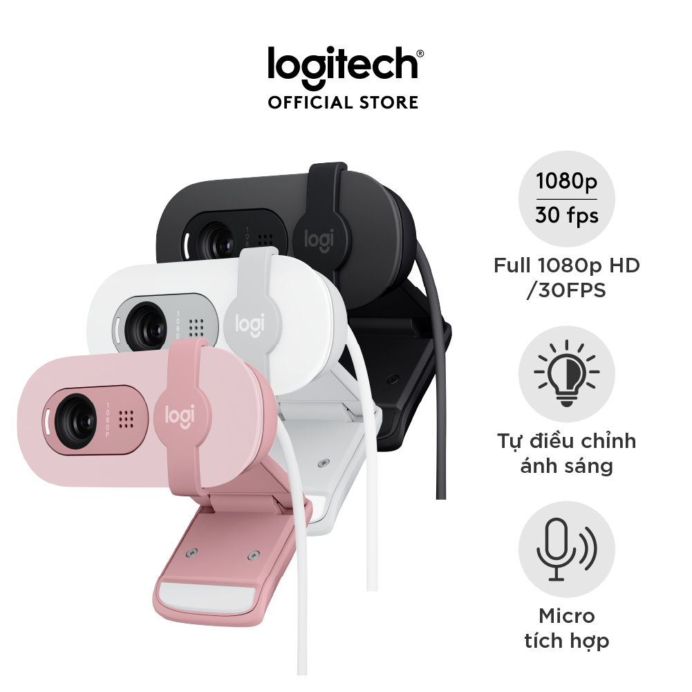 Webcam Full HD Logitech Brio 100 - Cân bằng ánh sáng, Mic, Màn chập, USB-A, cho Microsoft Teams, Google Meet, Zoom