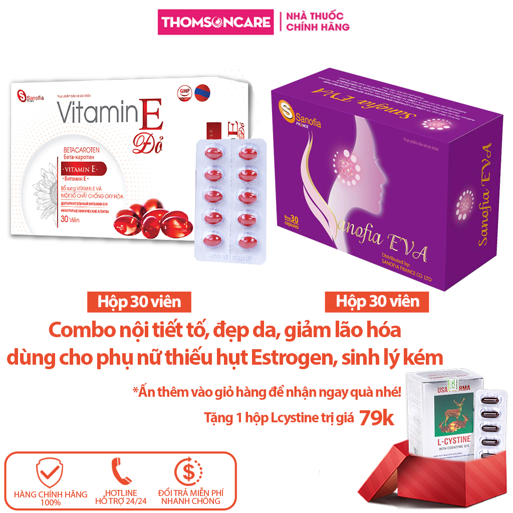 Combo nội tiết tố, đẹp da Vitamin E đỏ vỉ, Eva Tím, dùng cho người thiếu hụt Estrogen, sinh lý kém, mất ngủ -Thomsoncare