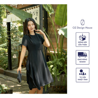 Đầm OZ Design House DA12811AUT23 thô lụa cổ tròn trang trí nẹp thân trước màu đen