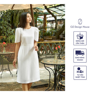 Đầm OZ Design House DA12229AUT23 thô lụa cổ tròn dáng eo bèo lệch bên sườn màu trắng