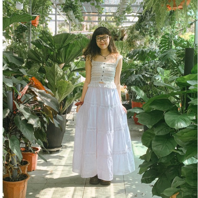 Chân Váy Vintage Maxi Dài Xoè Rộng Nhiều Tầng Phối Ren Lưng Thun