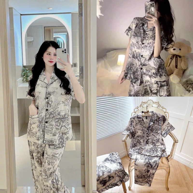 Bộ pijama lụa Quảng Châu cao cấp tay ngắn họa tiết hồ đen