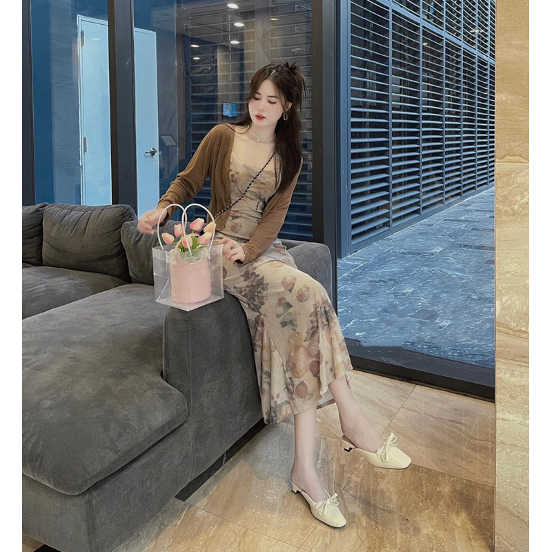 Set 2 Món Đầm Hoa Nhí Hoạ tiết + Áo Khoác Thun Ôm maB, Váy Ôm Body dài