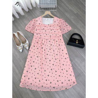 Đầm bầu - váy bầu hoa nhí công sở 2 lớp cổ vuông 5 màu mặc đi làm, đi chơi chất mát