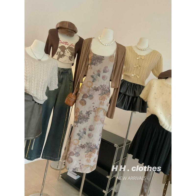 Set 2 Món Đầm Hoa Nhí Hoạ tiết + Áo Khoác Thun Ôm maB, Váy Ôm Body dài