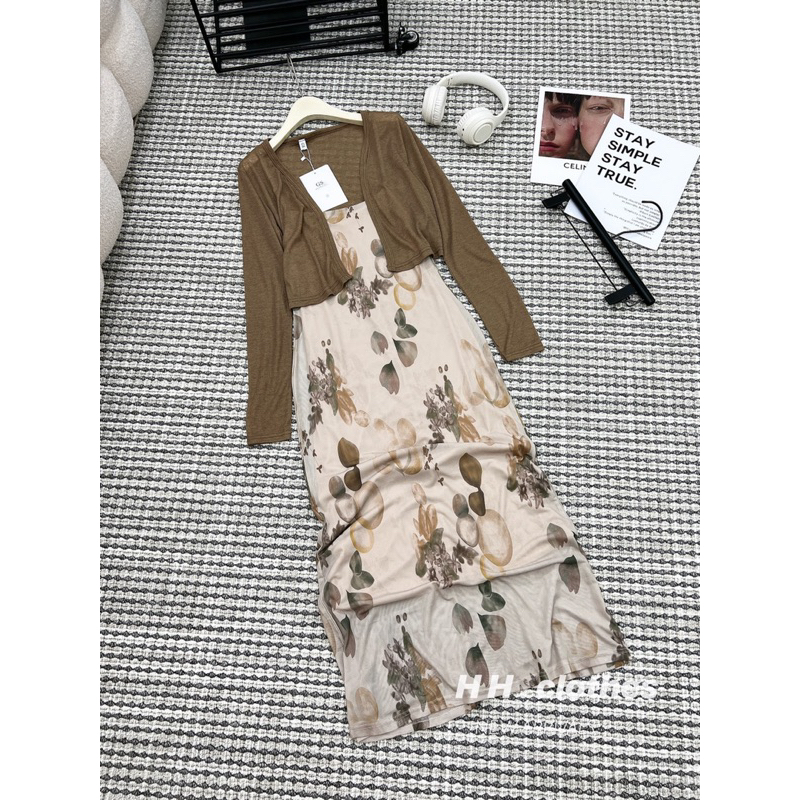 Set 2 Món Đầm Hoa Nhí Hoạ tiết + Áo Khoác Thun Ôm maB, Váy Ôm Body dài