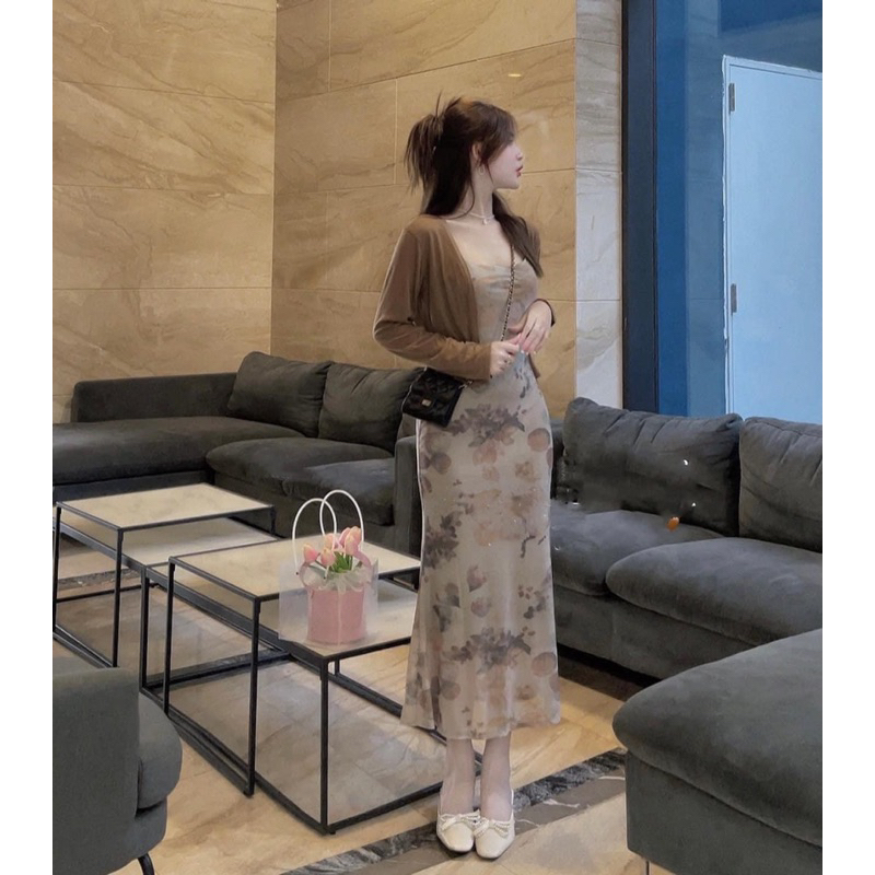 Set 2 Món Đầm Hoa Nhí Hoạ tiết + Áo Khoác Thun Ôm maB, Váy Ôm Body dài
