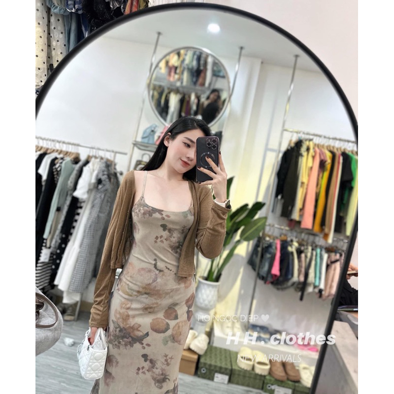 Set 2 Món Đầm Hoa Nhí Hoạ tiết + Áo Khoác Thun Ôm maB, Váy Ôm Body dài