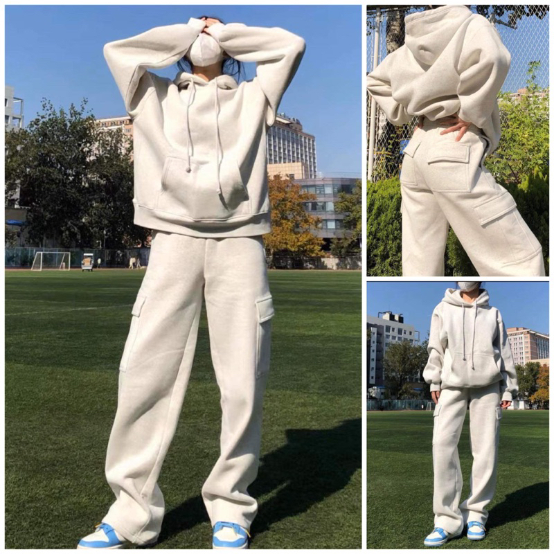 Set Bộ Nỉ TRƠN túi hộp xám tiêu. Bộ Đồ Hoodie Form Rộng , Quần Jogger Phong Cách Hàn Quốc Ulzzang