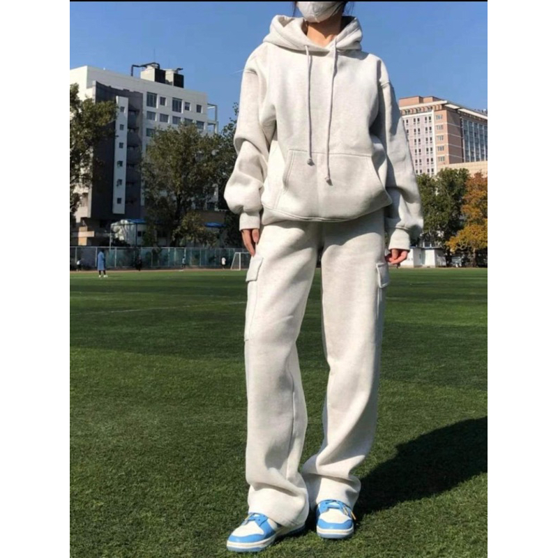 Set Bộ Nỉ TRƠN túi hộp xám tiêu. Bộ Đồ Hoodie Form Rộng , Quần Jogger Phong Cách Hàn Quốc Ulzzang