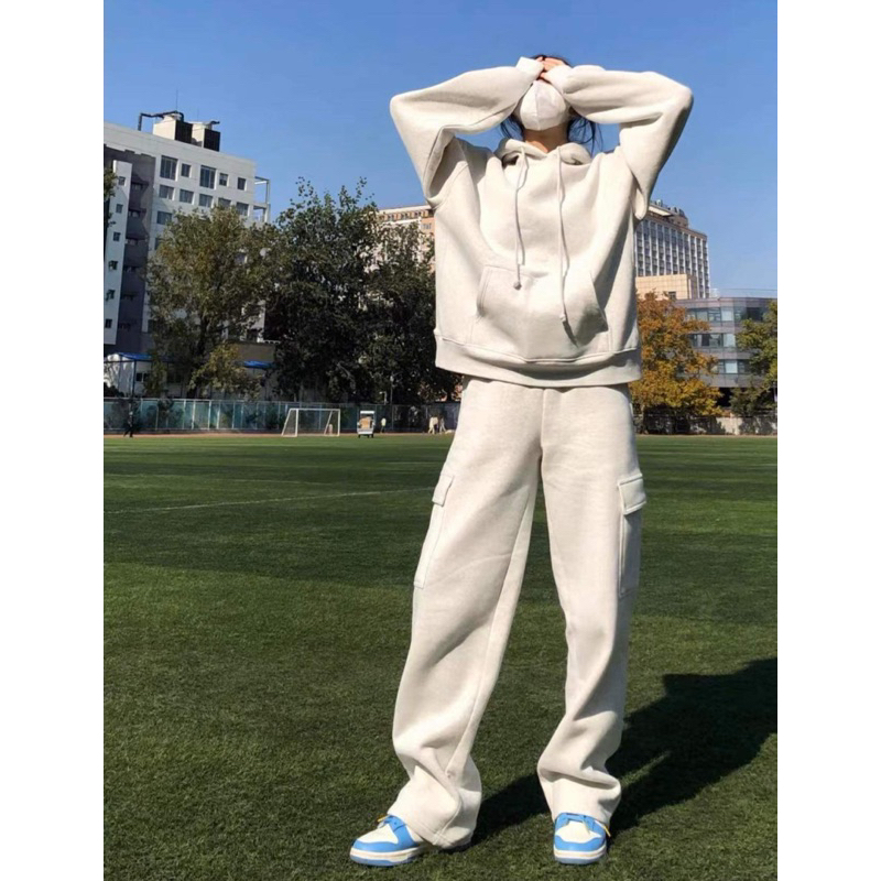 Set Bộ Nỉ TRƠN túi hộp xám tiêu. Bộ Đồ Hoodie Form Rộng , Quần Jogger Phong Cách Hàn Quốc Ulzzang