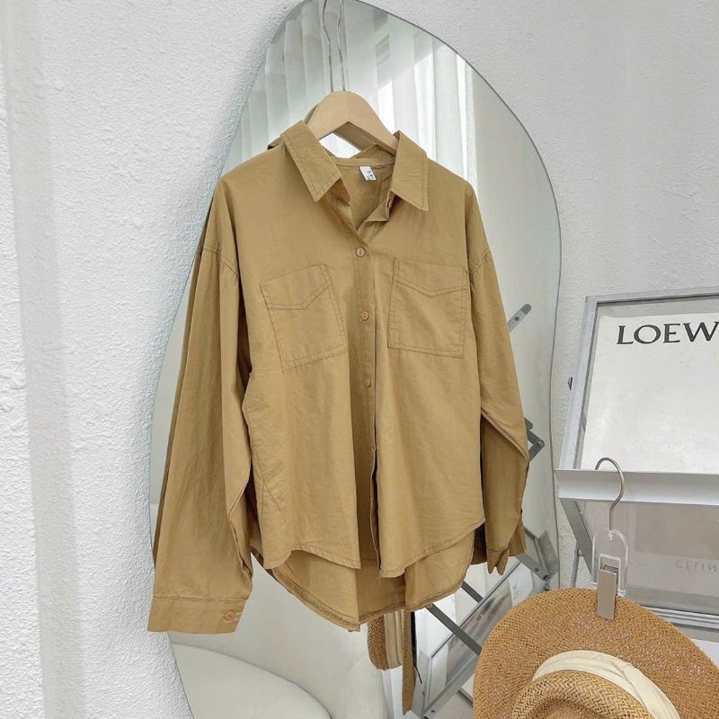 Áo sơmi thô mỏng có cổ tay dài nữ, chất liệu mặc thoáng mát dáng thụng. | BigBuy360 - bigbuy360.vn