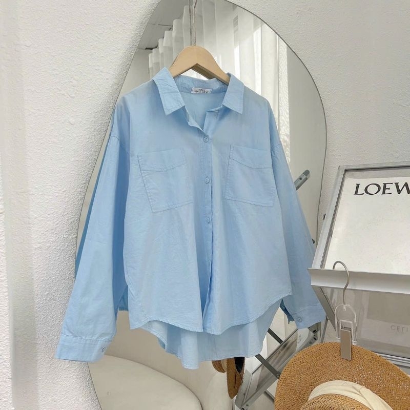 Áo sơmi thô mỏng có cổ tay dài nữ, chất liệu mặc thoáng mát dáng thụng. | BigBuy360 - bigbuy360.vn