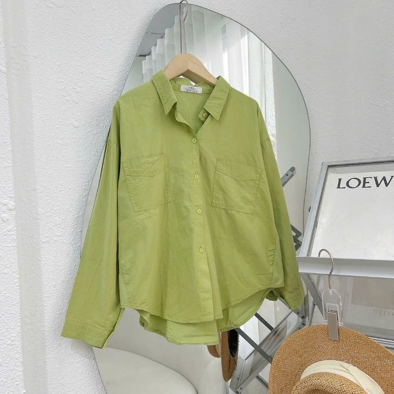 Áo sơmi thô mỏng có cổ tay dài nữ, chất liệu mặc thoáng mát dáng thụng. | BigBuy360 - bigbuy360.vn