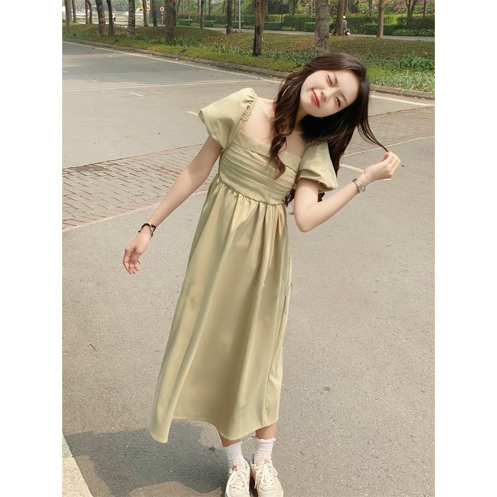 Váy tay bồng chun lưng vintage, Đầm maxi tay bồng chun lưng phong cách tiểu thư Hàn Quốc