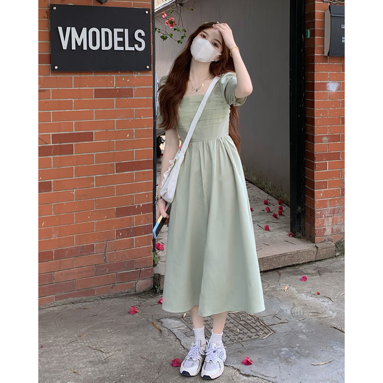 Váy tay bồng chun lưng vintage, Đầm maxi tay bồng chun lưng phong cách tiểu thư Hàn Quốc