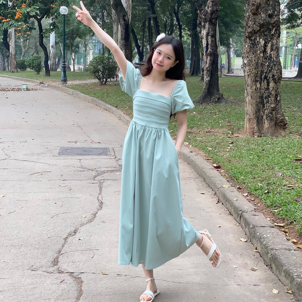 Váy tay bồng chun lưng vintage, Đầm maxi tay bồng chun lưng phong cách tiểu thư Hàn Quốc