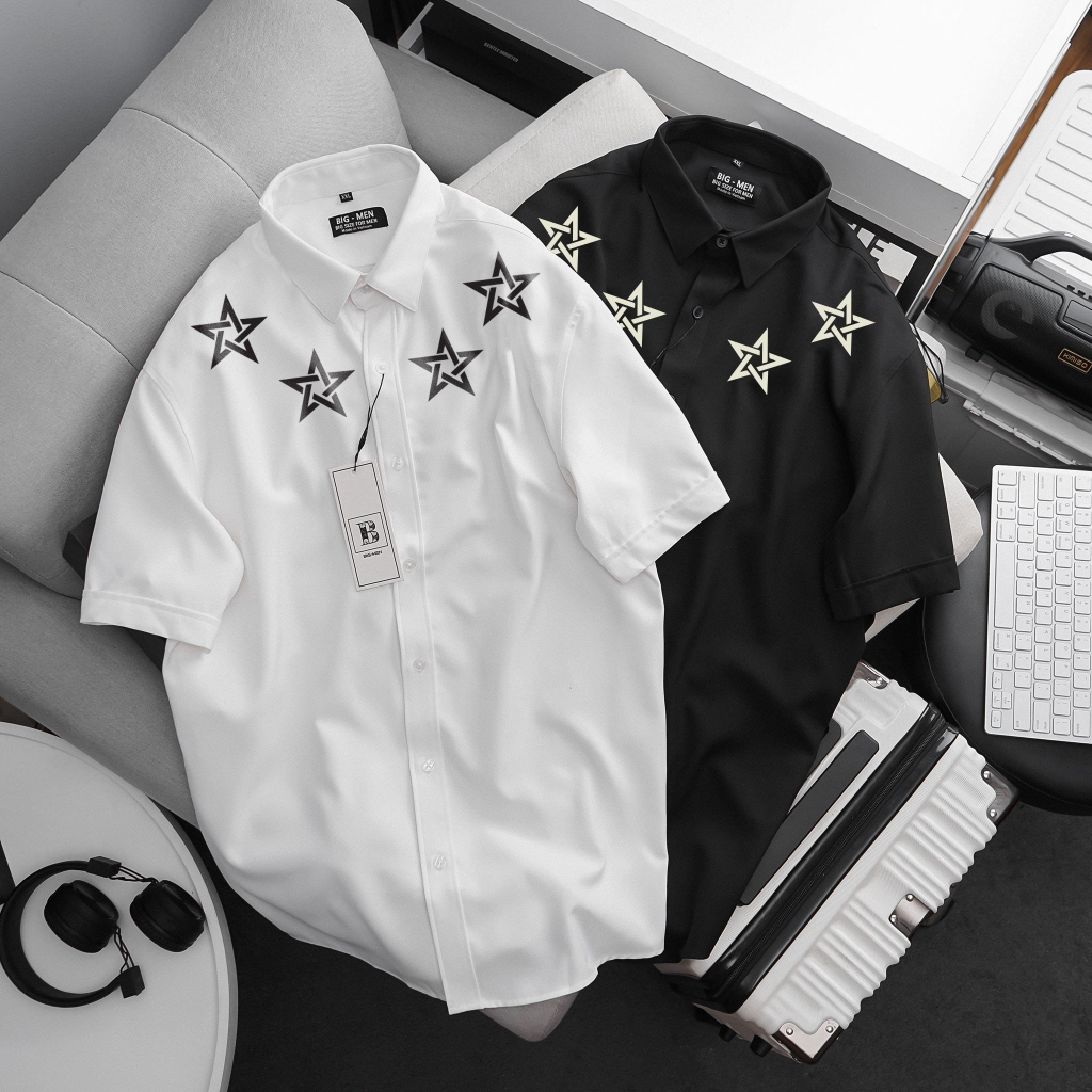 Big size - Áo sơ mi tay dài big size unisex in ngôi sao chất vải mịn mát bigsizemen <140kg