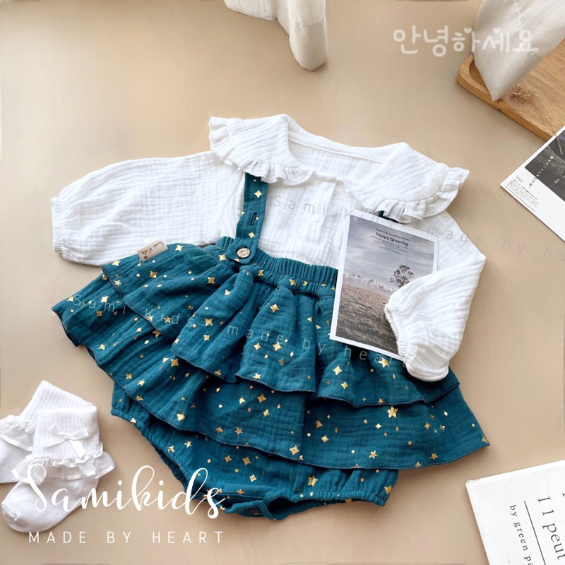 Áo dài tay cổ sen bèo cho bé gái xô Muslin mềm mại nhẹ nhàng